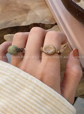 新款小众设计石头琉璃贝壳米珠串珠戒指 复古美拉德指环时尚手饰