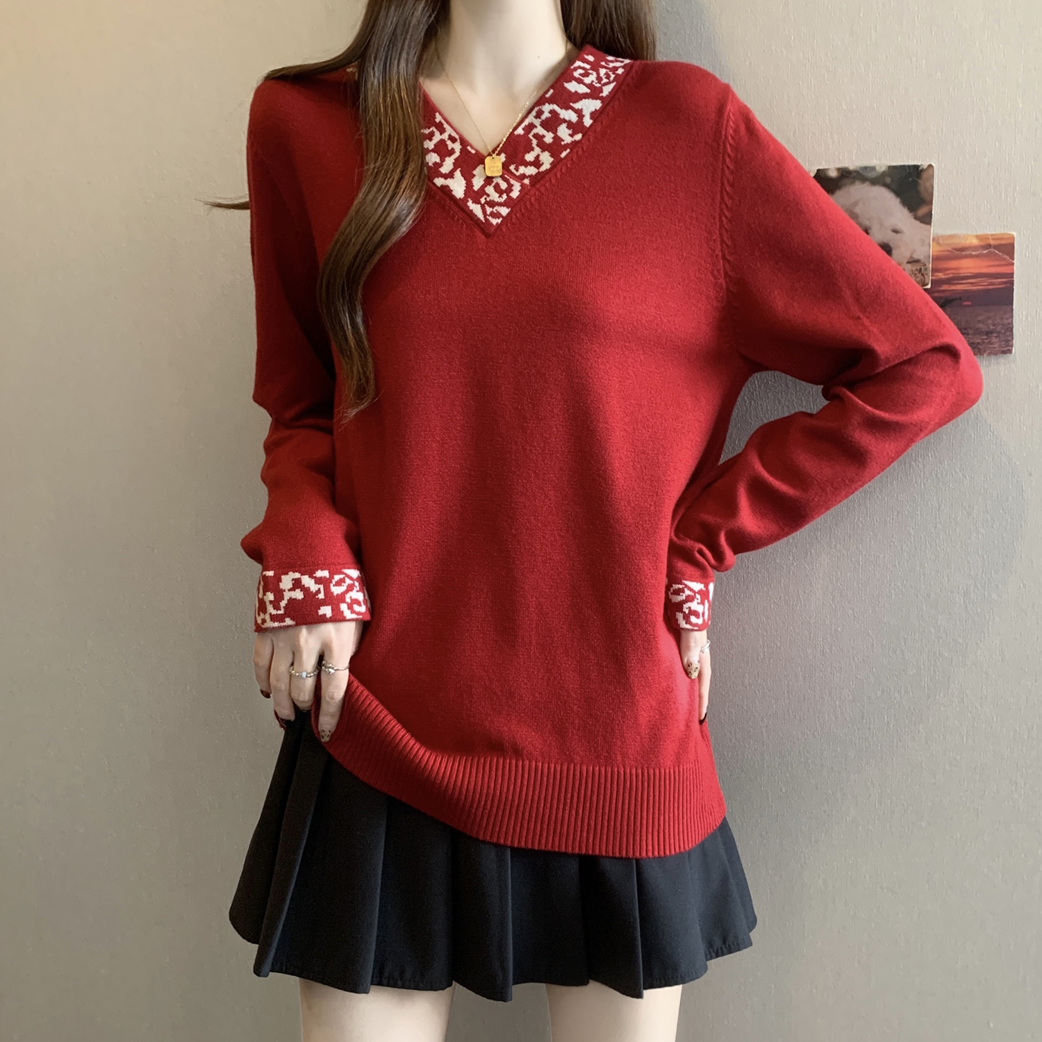 大码V领长袖提花毛衣内搭打底衫女装秋冬新款胖mm显瘦针织衫上衣 - 图2