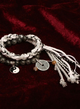 无极山鬼花钱手链挂绳纳福新中式国潮复古太极黑白手工绳编织手串