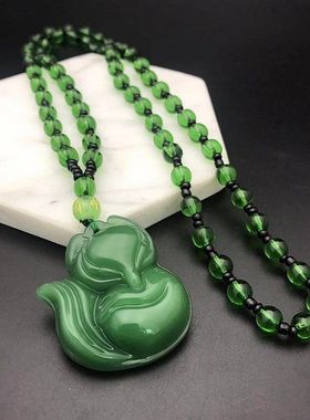 玻璃水晶小狐狸吊坠 粉晶长款百搭毛衣链紫色桃花运项链仿黑曜石