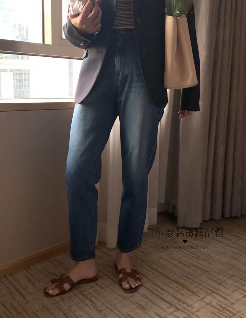 现~UNDERSON韩国代购小直筒牛仔裤女 春秋松紧腰磨白休闲显瘦裤子 - 图0