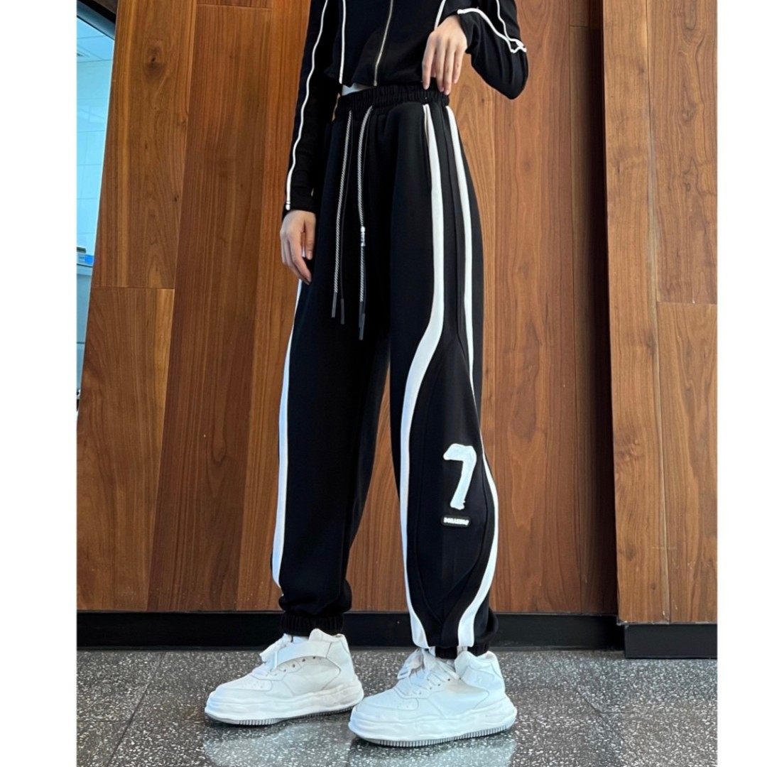 2024秋季新款潮酷韩版运动休闲裤女宽松刺绣百搭卫裤白色显瘦裤子,淘宝优惠券,粉丝福利购,淘宝优惠卷