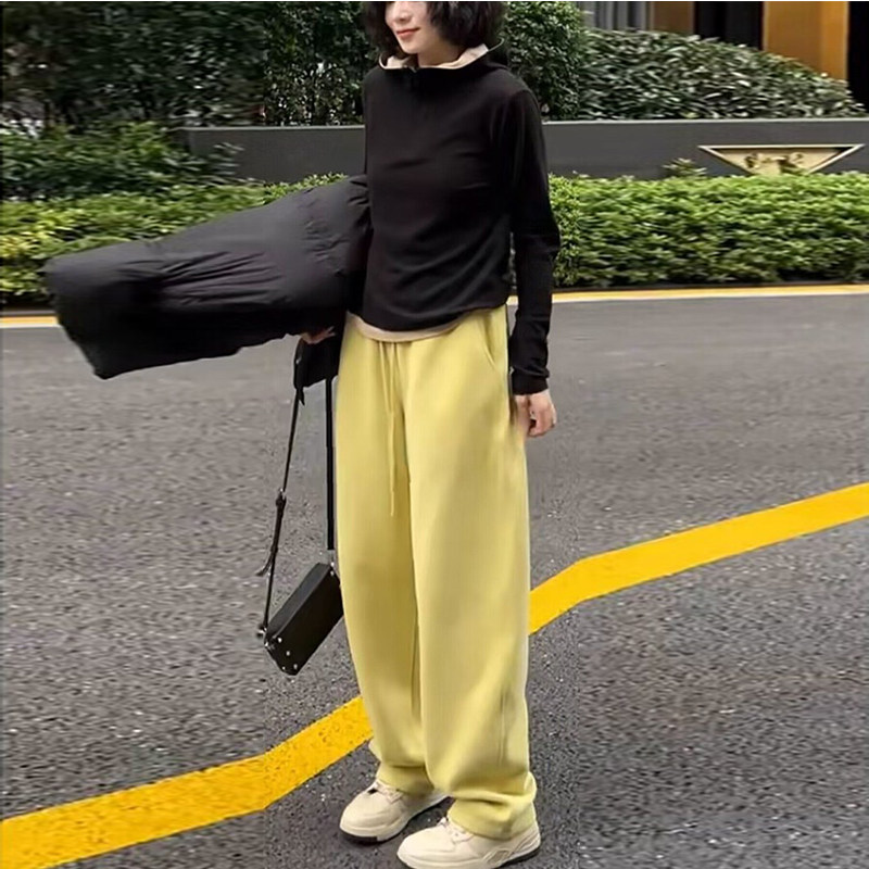 加厚保暖裤子女2025新款宽松显瘦休闲黄色阔腿裤高腰百搭直筒卫裤,淘宝优惠券,粉丝福利购,淘宝优惠卷