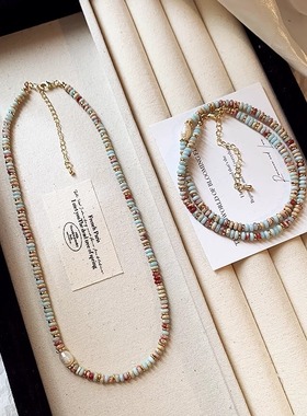 寿山石淡水珍珠项链蛇皮石算盘珠花纹拼接手链文艺复古锁骨链女