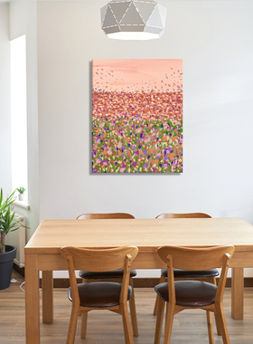 无框画fridaock暖粉黄昏花田落日缤纷花海风景卧室客厅装饰画挂画