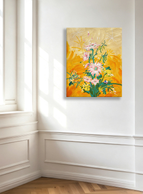 无框画ohjpaint北欧氛围感暖金色花海粉菊艺术卧室客厅装饰画挂画