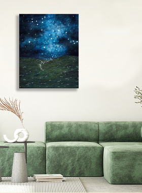 无框画Abbie深蓝色梦幻星空原野草地小花餐厅卧室客厅装饰画挂画