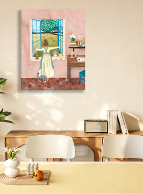 LisaMasse无框画窗边少女猫咪温馨家居粉墙餐厅卧室客厅装饰挂画