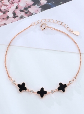 四叶草白贝母手链女925纯银轻奢小众设计ins风彩金玫瑰黑玛瑙手串