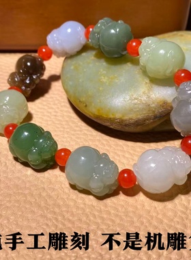 天然新疆和田玉碧玉白玉纯手工雕刻多宝手链招财生肖元宝猪手串