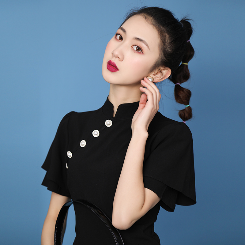 宋一一紧身包臀性感复古少女中国风立领旗袍改良版短袖连衣裙女夏季显瘦0