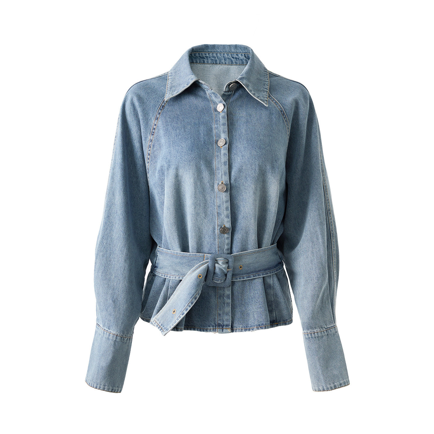 气质复古磨白翻领系带收腰牛仔衬衫女早春2026新款长袖休闲上装潮,淘宝优惠券,粉丝福利购,淘宝优惠卷