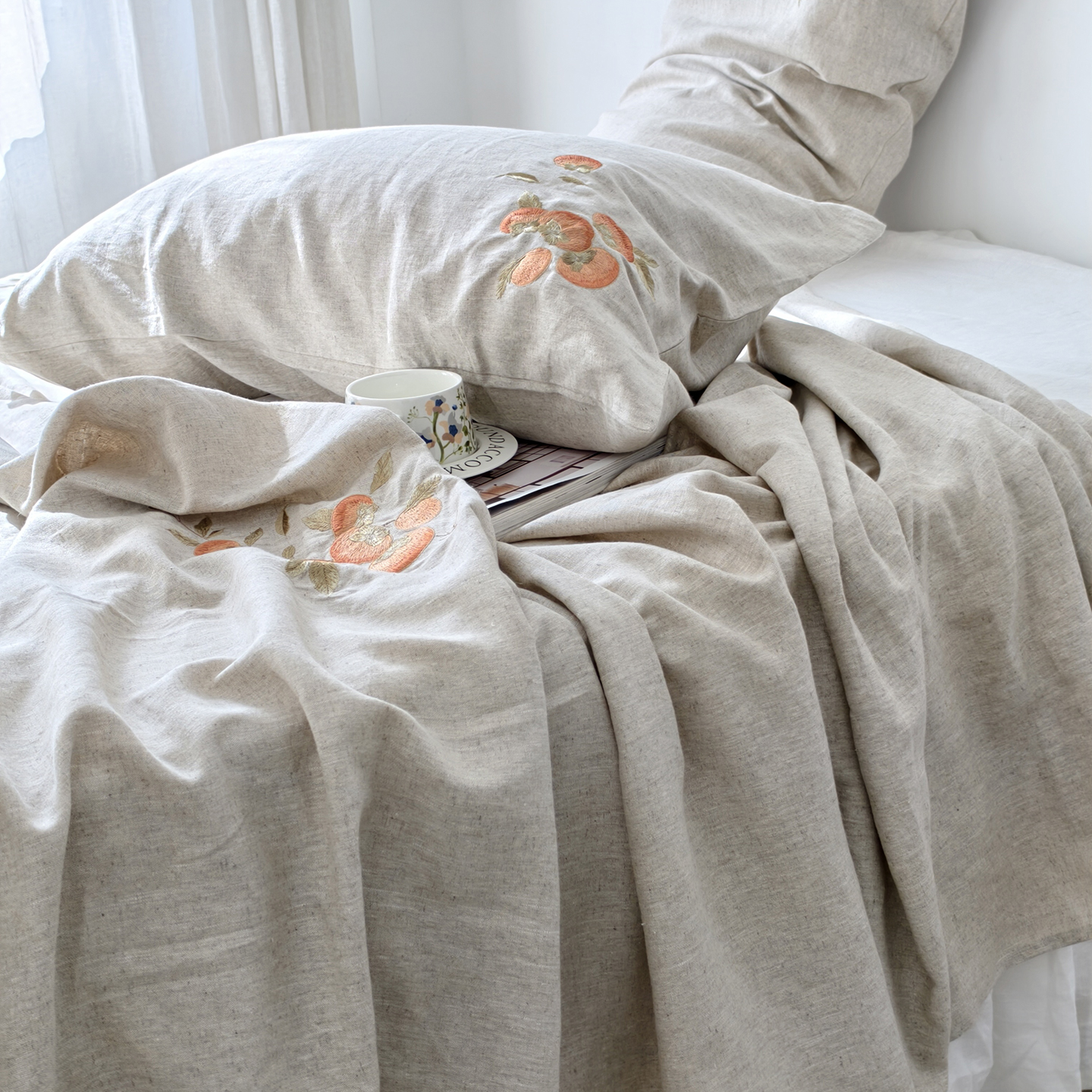 汉麻桑蚕丝刺绣床单枕套三件套 自然橘纹 蝴蝶 - 图2