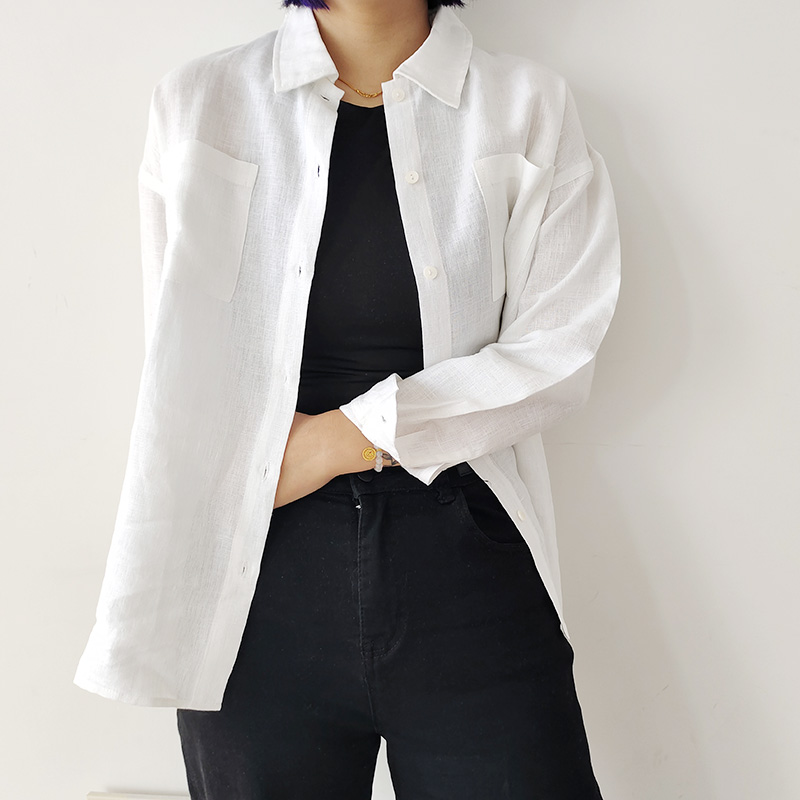 法式汉麻白色Polo领长袖衬衫简约设计感纯色春季可防晒