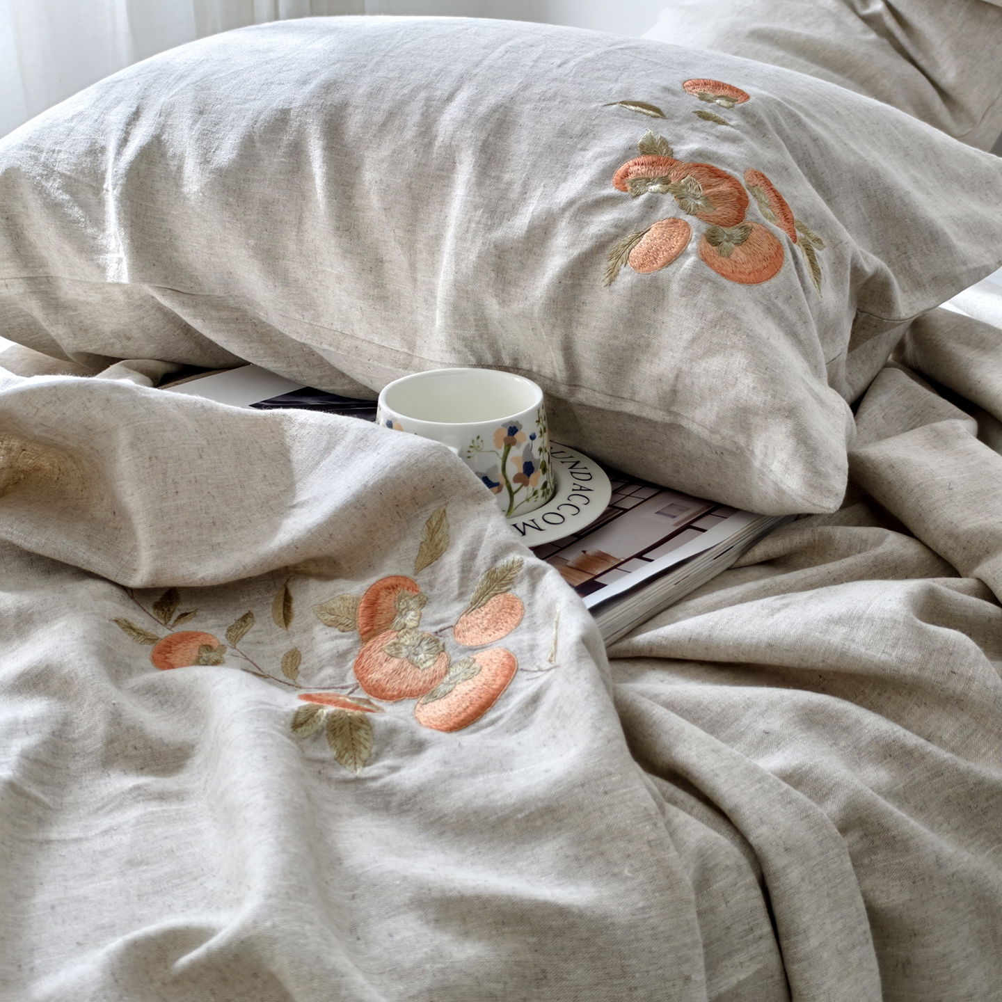 汉麻桑蚕丝刺绣床单枕套三件套 自然橘纹 蝴蝶 - 图0