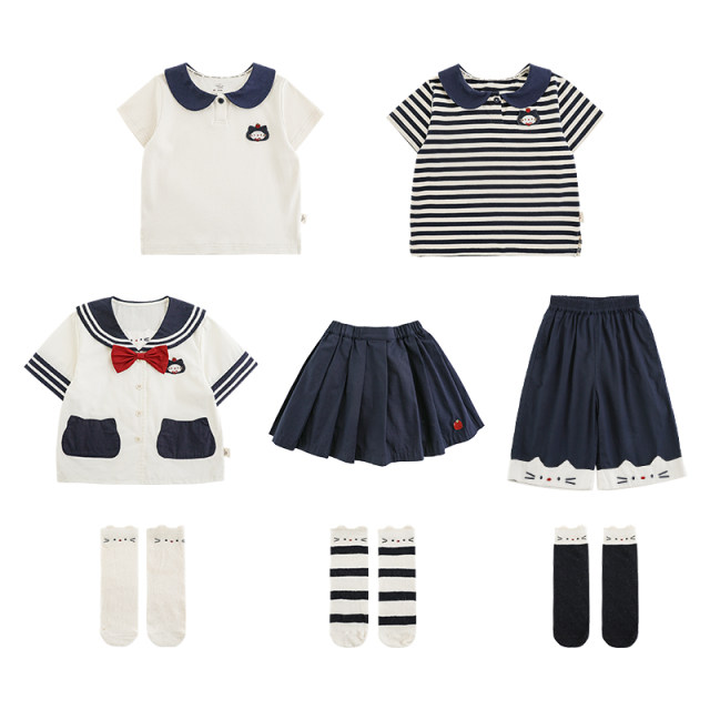 Youyou Girls College Style Series 2025 Summer Children's Navy Lapel Shirt POLO Loose Straight Leg Eight-Point Pants trendy