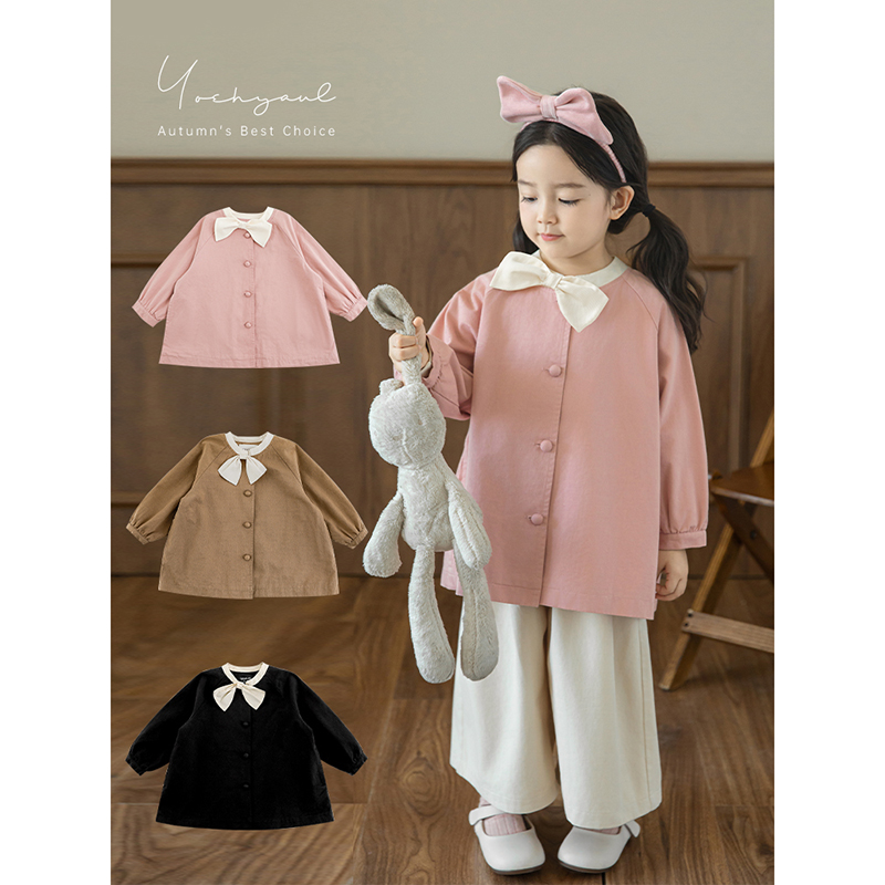 幼悠女童甜美娇俏蝴蝶结风衣中长款春秋撞色吸睛舒适领圈休闲外套 - 图1