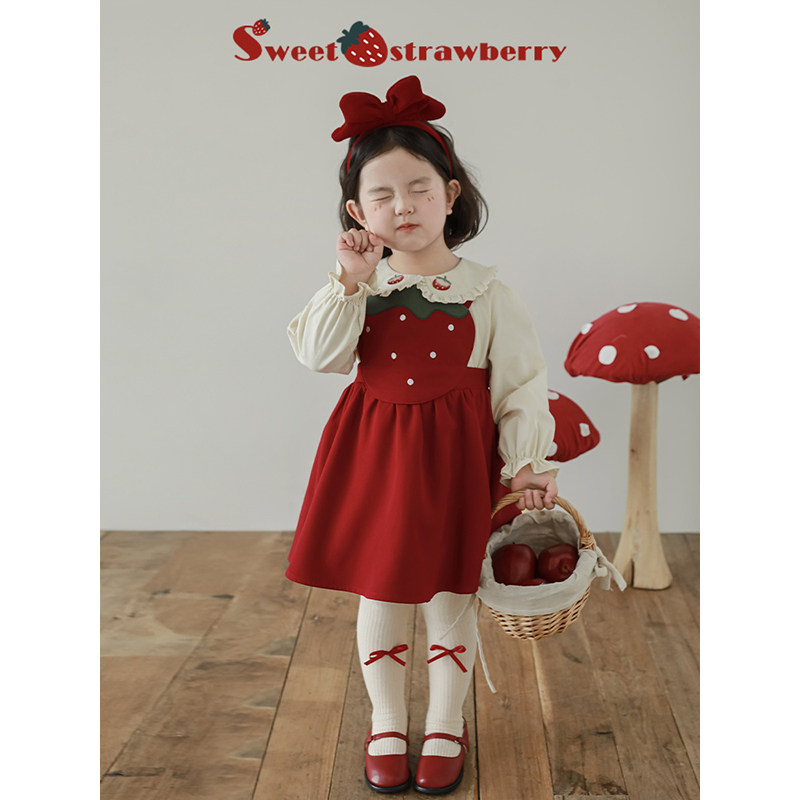 幼悠 女童2025春秋套装儿童草莓刺绣娃娃翻领衬衫A字裙摆背带裙潮,淘宝优惠券,粉丝福利购,淘宝优惠卷