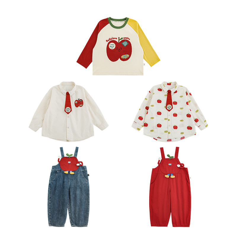 幼悠女童 苹果达人系列2025春季简洁翻领衬衫撞色插肩袖T恤多件套,淘宝优惠券,粉丝福利购,淘宝优惠卷