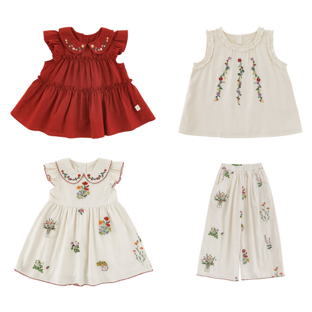 Youyou Girls Suit Summer New Flower Embroidered Babydoll Dress Loose Straight Nine-Point Woven Pants