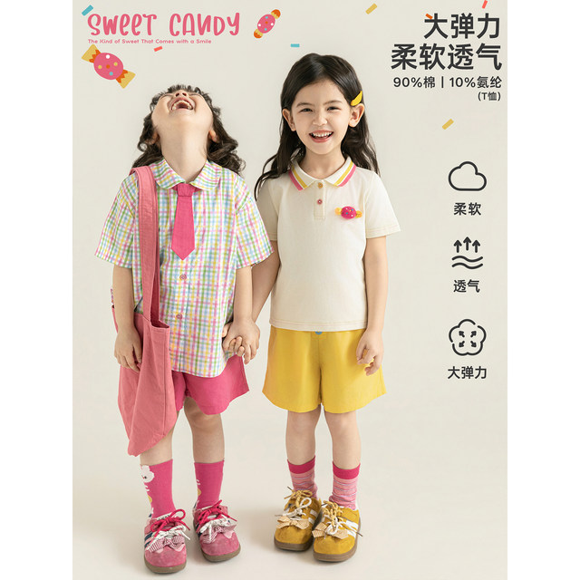 Youyou Girls Suit Summer Candy Color POLO Collar T-Shirt Contrast Color Checkered Shirt Loose Casual Shorts