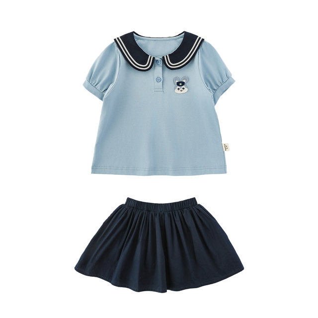 Youyou Girls Suit Summer New Contrast Navy Neck Puff Sleeve T-Shirt Cool Breathable Antibacterial A-Line Skirt