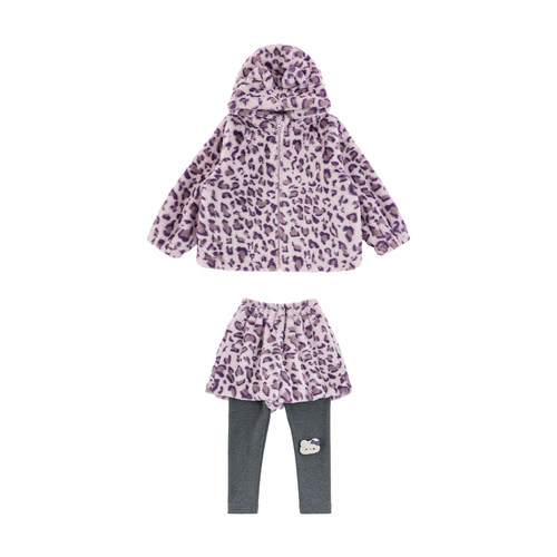 幼悠女童冬季套装加绒加厚紫色豹纹毛绒外套休闲裤子保暖堆堆袜套 - 图3