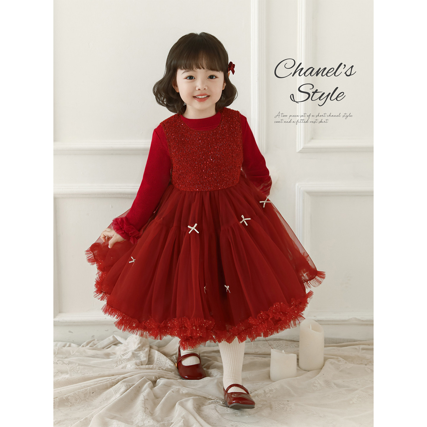 幼悠女童2025冬季新款圣诞加绒保暖网纱背心裙小香风女孩公主裙潮,淘宝优惠券,粉丝福利购,淘宝优惠卷