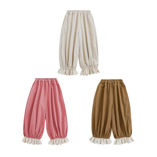 幼悠女童棉布绣花拼接脚口梭织长裤2026春秋甜蜜可爱宽松休闲裤子 - 图3