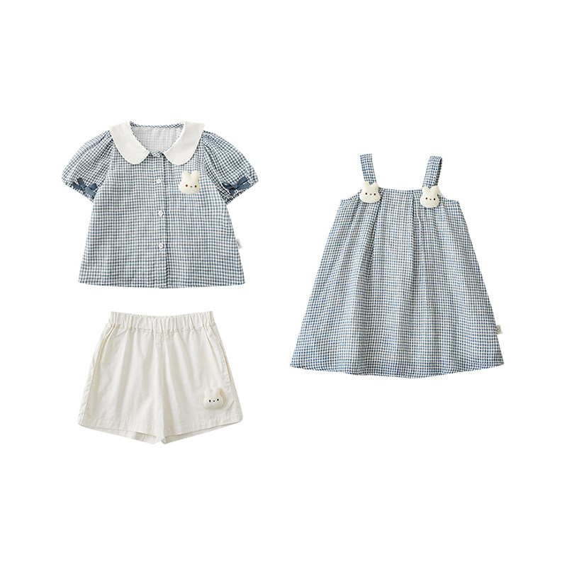 幼悠女童吊带裙2025夏季新款格子娃娃衫宝宝小清新风可爱小兔短裤,淘宝优惠券,粉丝福利购,淘宝优惠卷