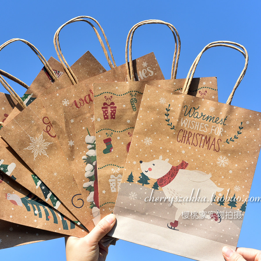 美式圣诞节卡通牛皮纸包装袋礼品袋手套围巾礼物毛衣手拎袋纸袋,淘宝优惠券,粉丝福利购,淘宝优惠卷