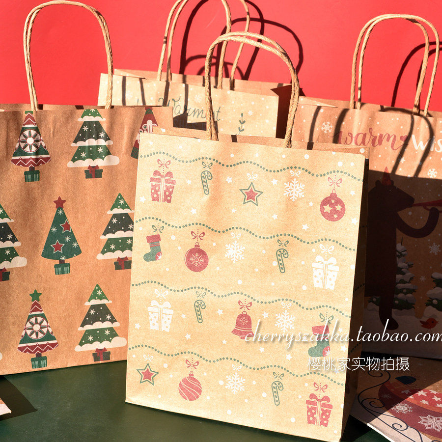 美式圣诞节卡通牛皮纸包装袋礼品袋手套围巾礼物毛衣手拎袋纸袋,淘宝优惠券,粉丝福利购,淘宝优惠卷
