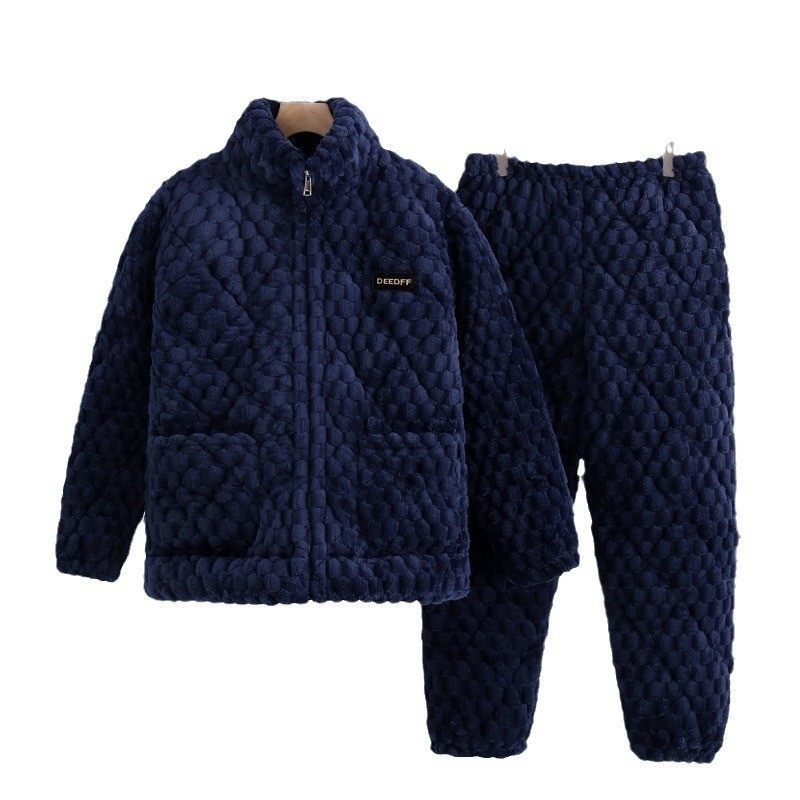 睡衣男冬加厚保暖拉链三层夹棉珊瑚绒大码外穿家居服套装立领纯色,淘宝优惠券,粉丝福利购,淘宝优惠卷