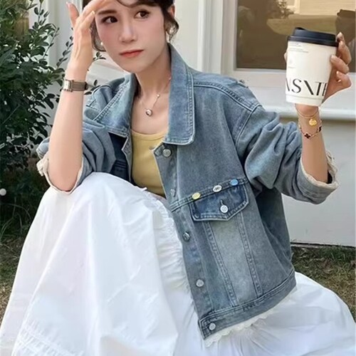 十三行蕾丝牛仔外套女装春装新款时尚欧货宽松拼接夹克短款外套女 - 图1