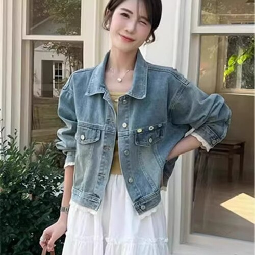 十三行蕾丝牛仔外套女装春装新款时尚欧货宽松拼接夹克短款外套女 - 图2