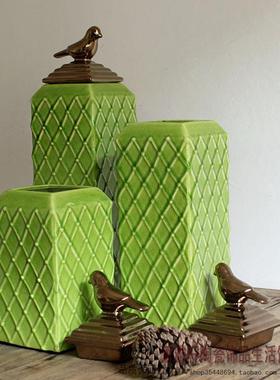 美式乡村风绿色方形陶瓷装饰罐