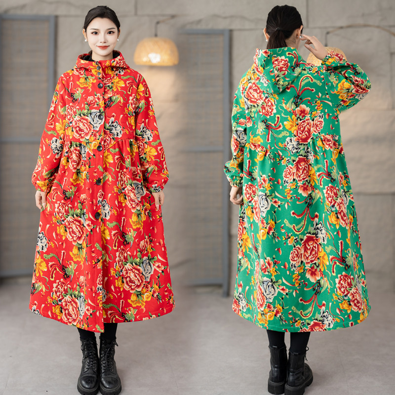 东北大花加绒新款棉麻印花民族风长款复古风衣大码秋冬装连帽外套,淘宝优惠券,粉丝福利购,淘宝优惠卷
