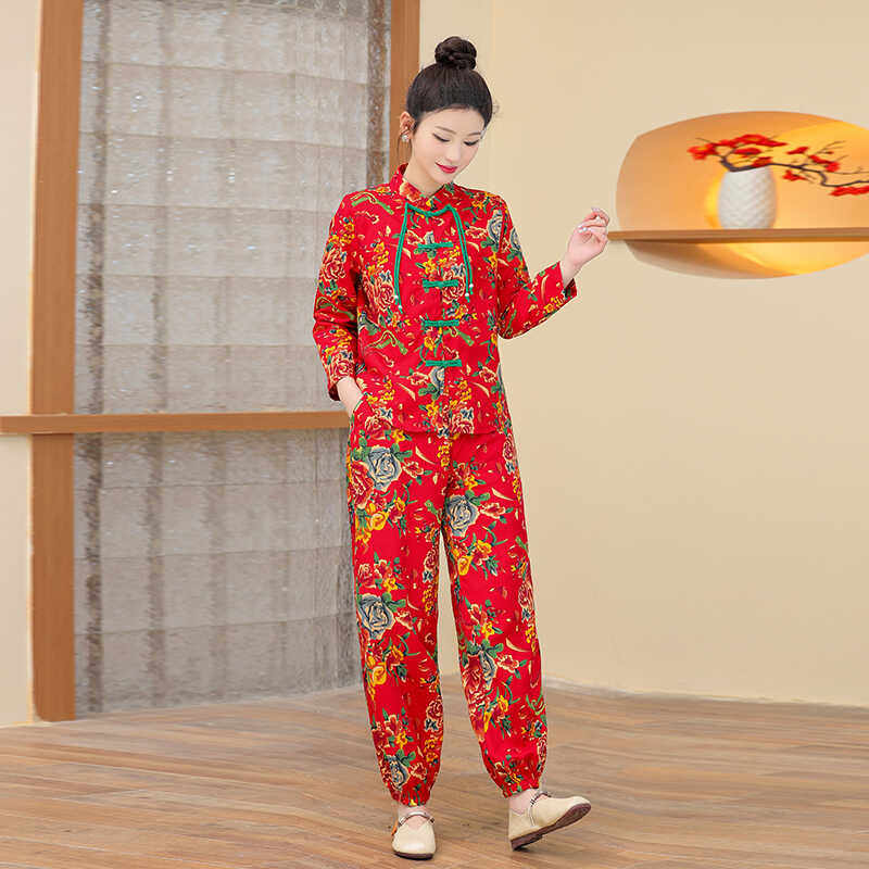 春秋季新款东北大花中式国风中老年大码上衣裤子套装女士打鼓衣服,淘宝优惠券,粉丝福利购,淘宝优惠卷