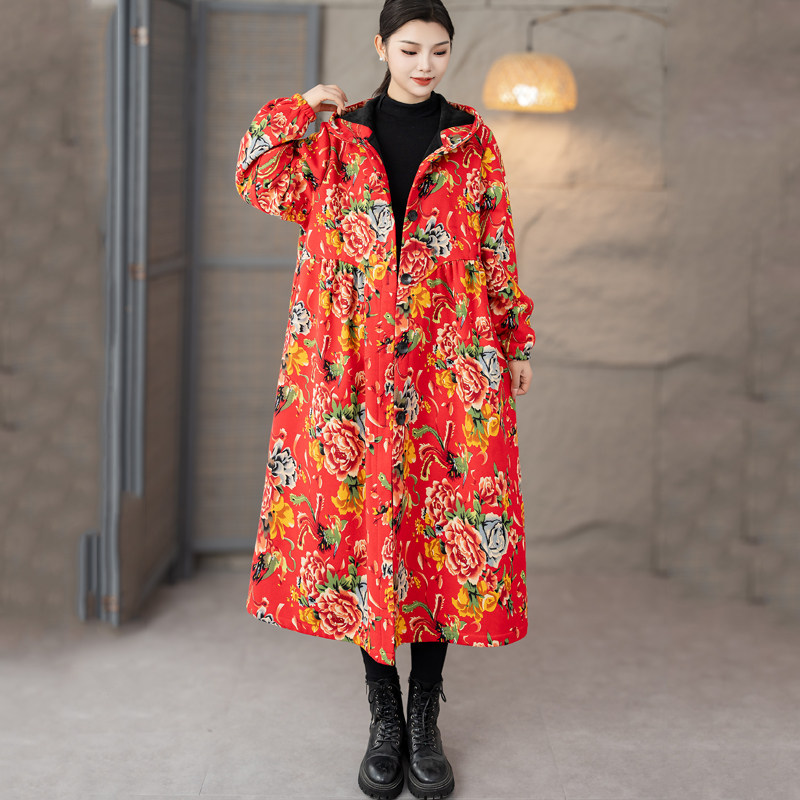 东北大花加绒新款棉麻印花民族风长款复古风衣大码秋冬装连帽外套,淘宝优惠券,粉丝福利购,淘宝优惠卷