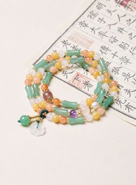 彩色手链天然新疆金丝玉多圈手链新中式绿东陵竹节高级感手串文玩