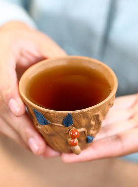 树桩宜兴手工紫砂茶碗原矿仙桃