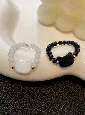 可爱猫咪串珠戒指女黑白猫头食指