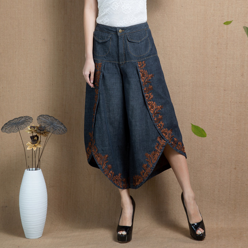 澜懿春夏a字七分裙裤绣花牛仔裙裤 澜懿牛仔裤