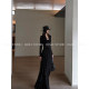 HanLu studio ຍີ່ຫໍ້ຊຸດບຸກເບີກສີເຂັ້ມໄດ້ຜ່ອນຄາຍຄໍ swing ສະຫມໍ່າສະເຫມີເລັກນ້ອຍເຫັນຜ່ານ linen ເທິງແຂນຍາວ