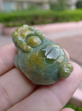 天然玉石a货黄加绿龙头龟吊坠