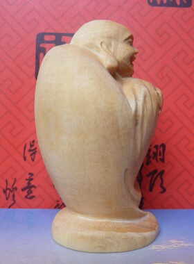 微雕木雕2寸原色黄杨小木雕工艺品摆件手把件:拱手蝙蝠弥勒佛