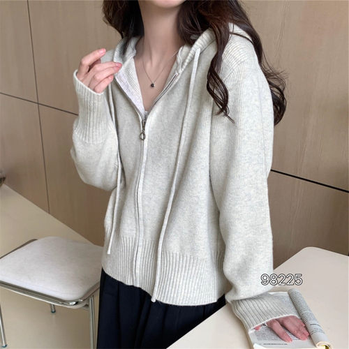 韩系连帽拉链针织开衫女2025冬季新款极简风软糯百搭显瘦毛衣外套 - 图0