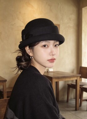 赫本风复古黑色蝴蝶结帽子女秋季法式优雅高级感显脸小礼帽千金风