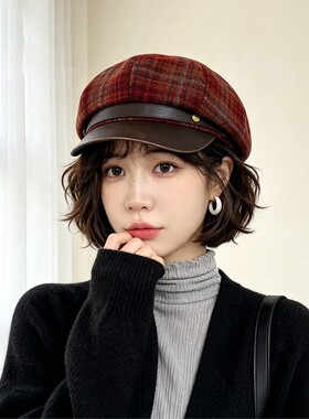 复古英伦风格纹八角帽女秋季时尚显脸小帽子百搭文艺贝雷帽报童帽