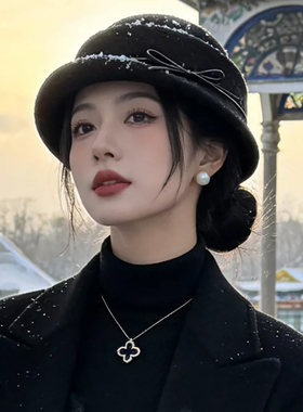 千金风黑色礼帽冬季帽子女款优雅蝴蝶结宽檐渔夫帽赫本风复古盆帽